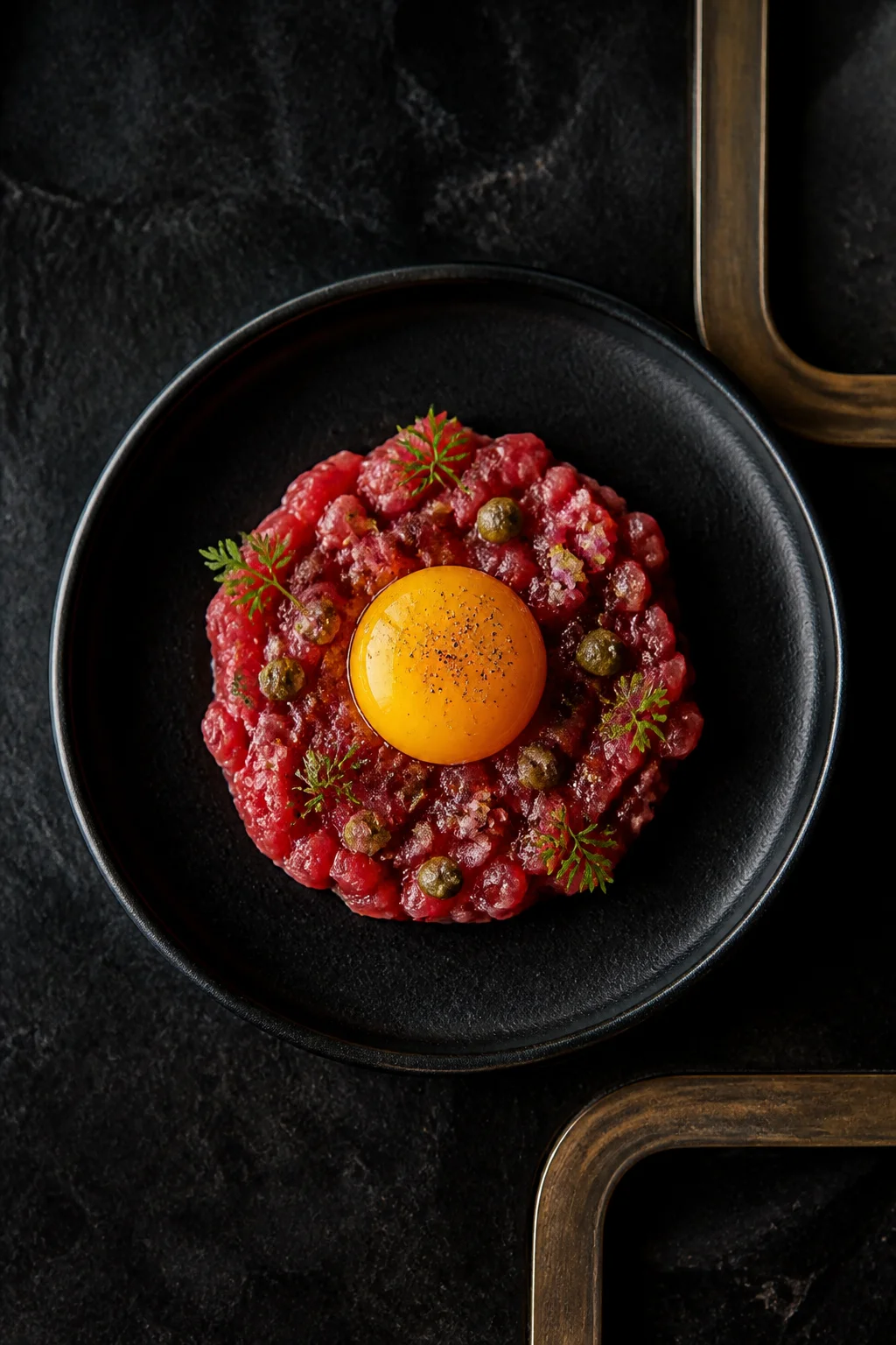 Beef tartare with cured egg yolk, capers, and herbs