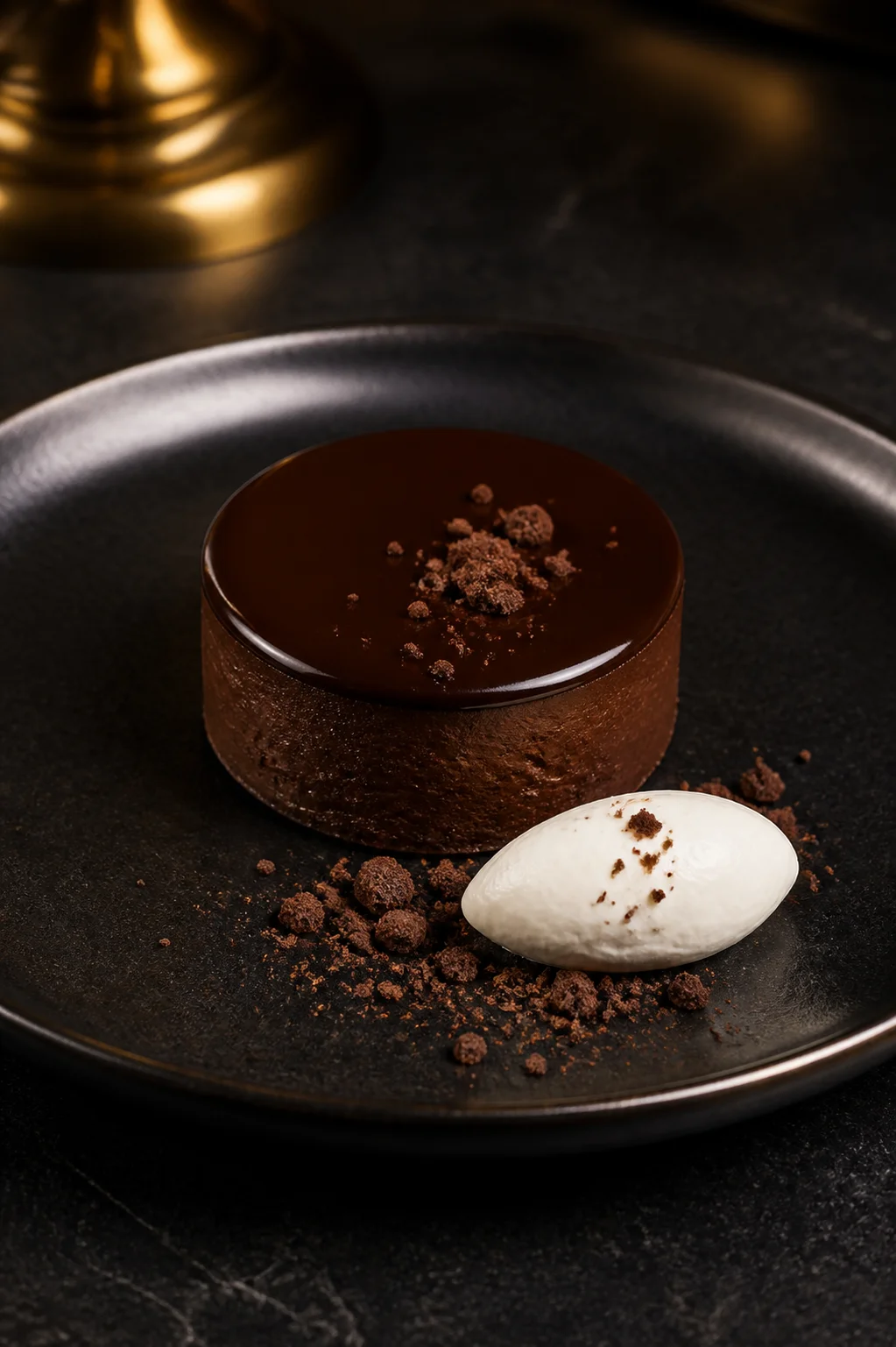 Dark chocolate torte with crème fraîche and cocoa crumbs