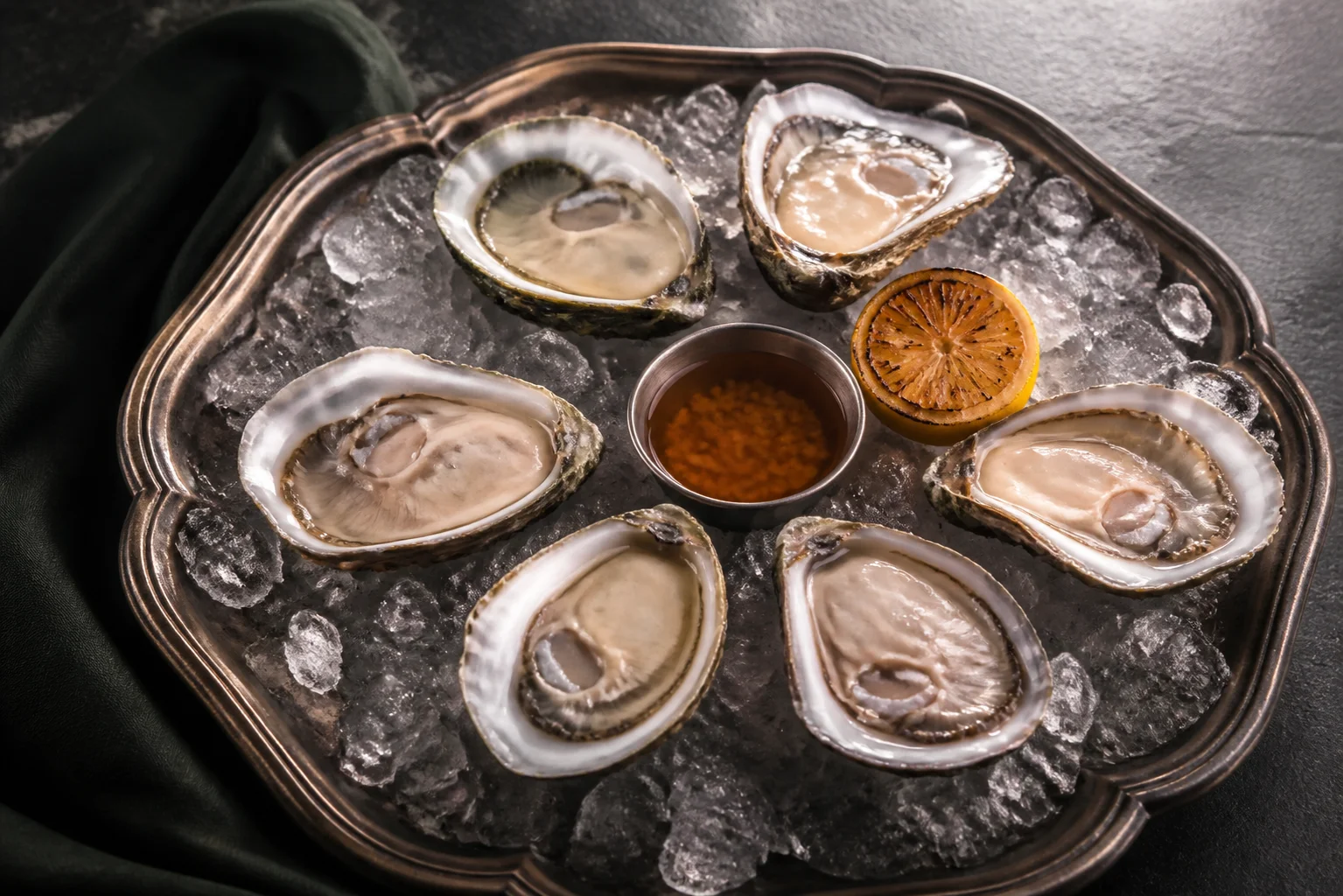 Six oysters over crushed ice with bourbon mignonette