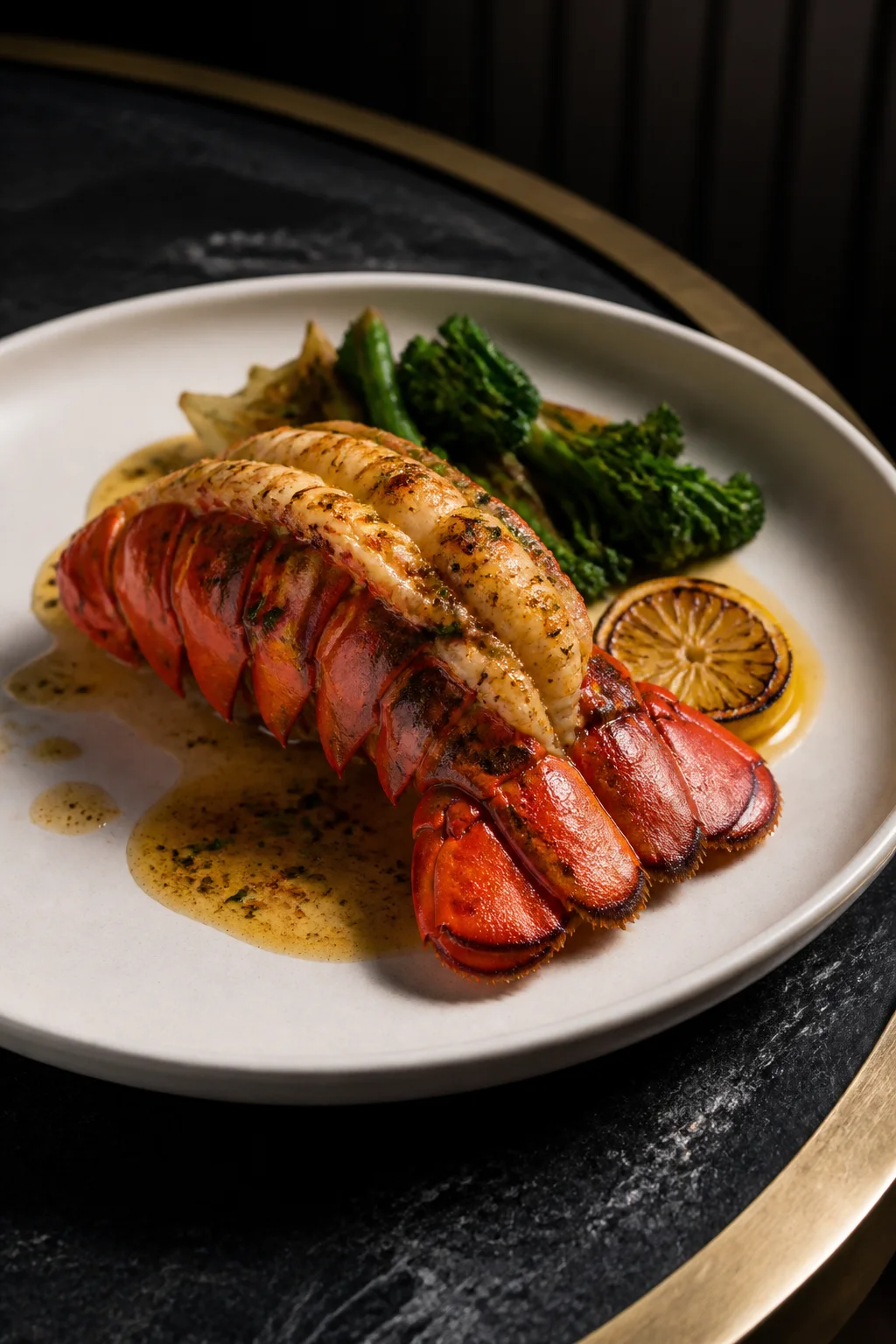 Butter-poached lobster with charred lemon and broccolini