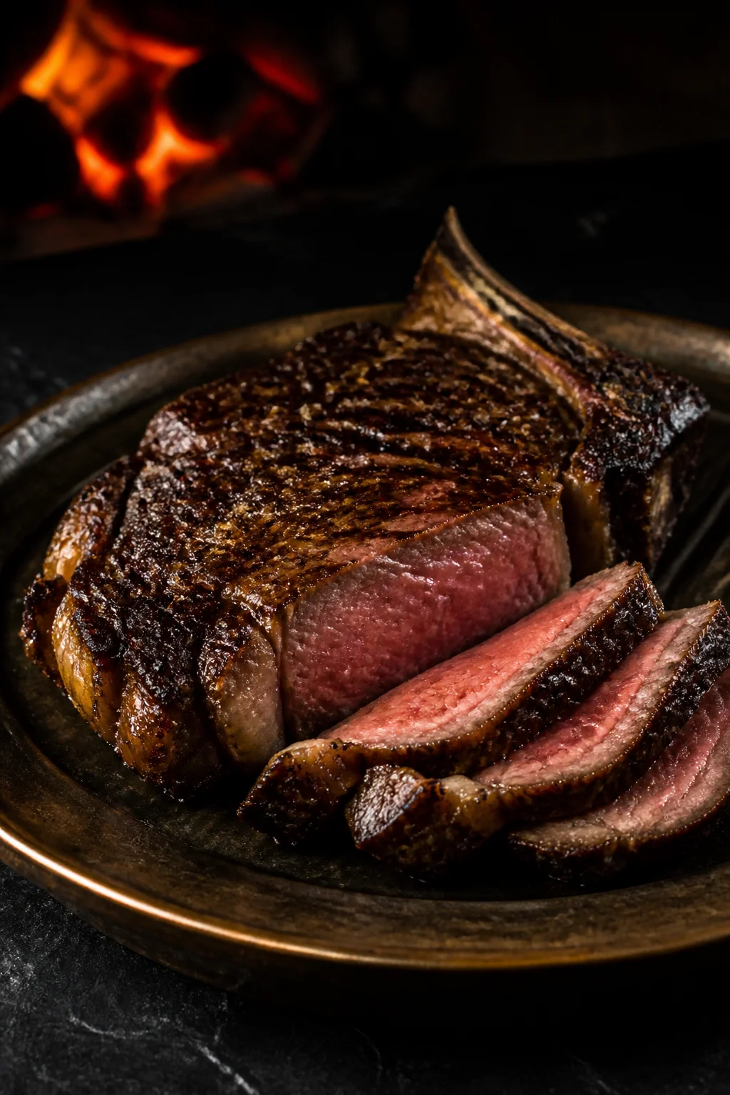 Sliced dry-aged ribeye with a deeply caramelized crust